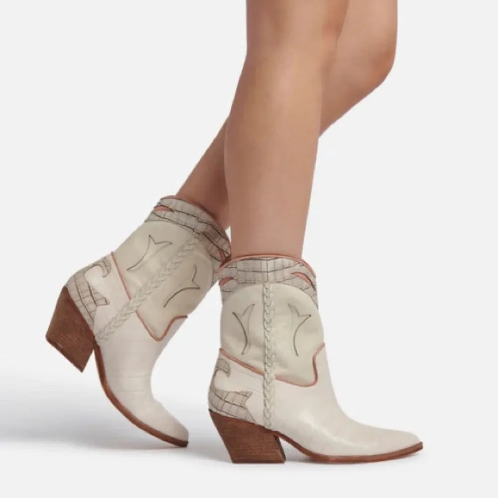 Dolce Vita Loral Ivory Croco Print Leather Western Ankle Boots - Picture 1 of 8